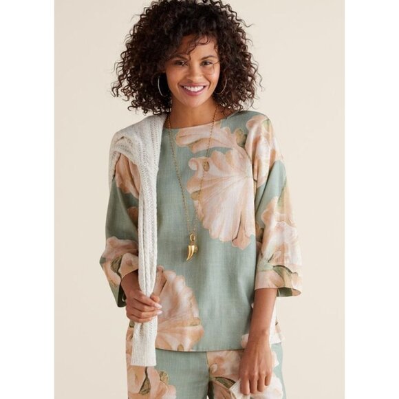 Soft Surroundings XL Fleur Top Teal Beige 3/4 Sleeve Lyocell Linen Floral Shirt - Picture 3 of 11